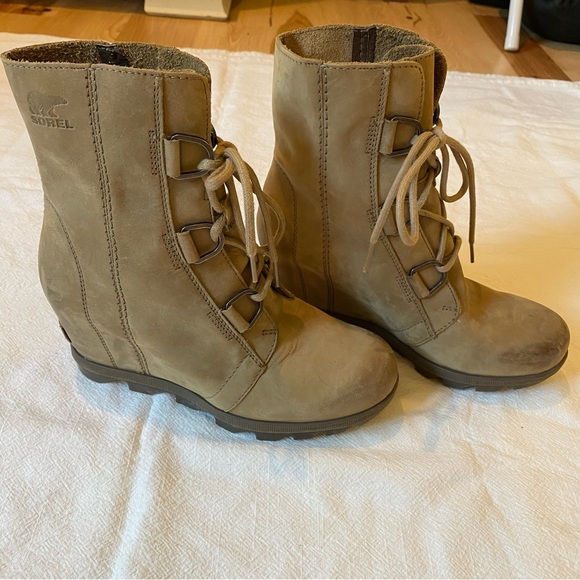 SOREL Joan of Arctic Brown Leather Lace Up Wedge Boots Booties size 8 - Picture 7 of 7